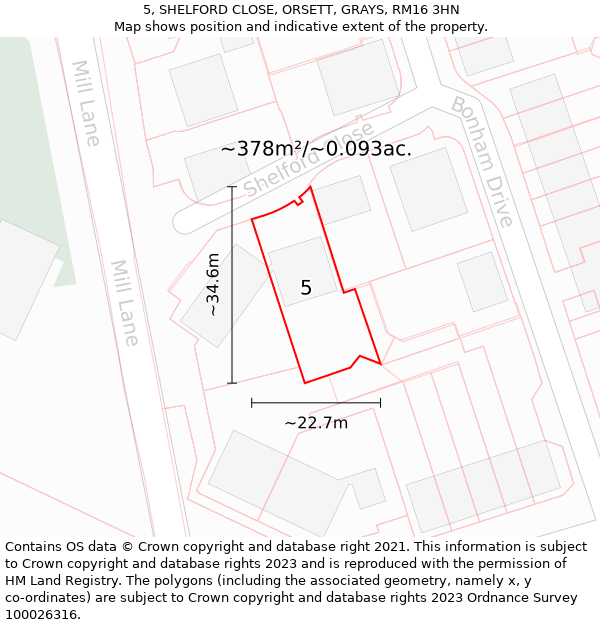 5, SHELFORD CLOSE, ORSETT, GRAYS, RM16 3HN: Plot and title map