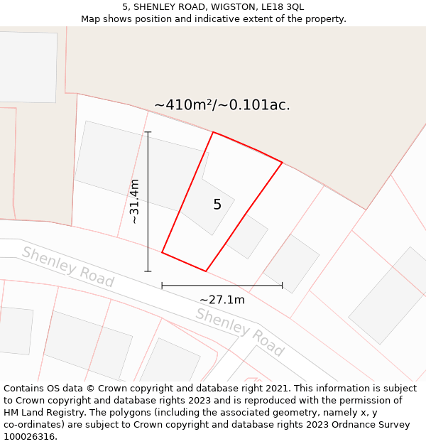 5, SHENLEY ROAD, WIGSTON, LE18 3QL: Plot and title map