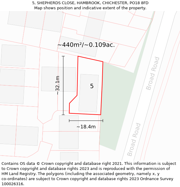 5, SHEPHERDS CLOSE, HAMBROOK, CHICHESTER, PO18 8FD: Plot and title map