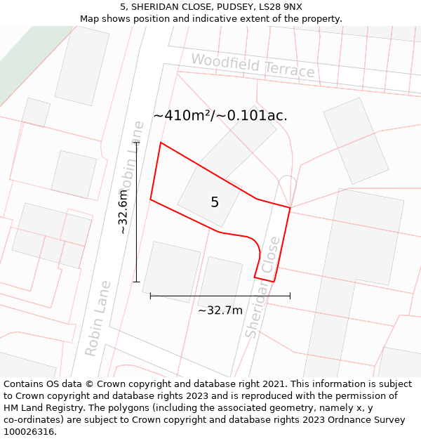 5, SHERIDAN CLOSE, PUDSEY, LS28 9NX: Plot and title map