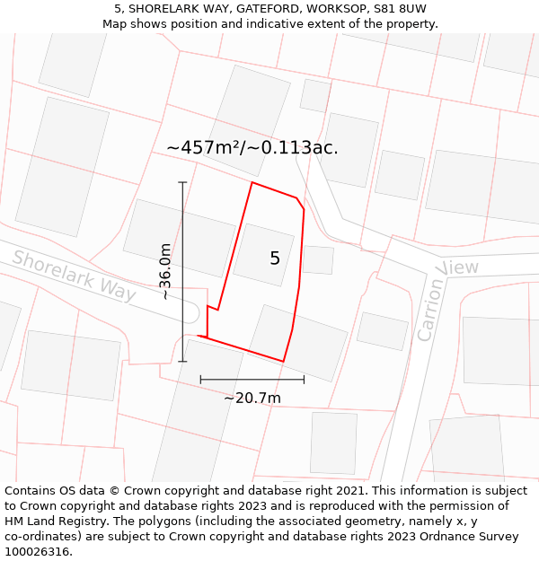 5, SHORELARK WAY, GATEFORD, WORKSOP, S81 8UW: Plot and title map