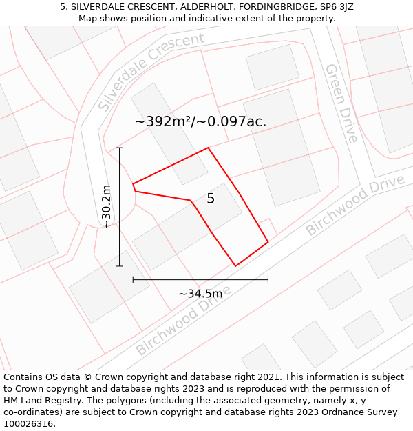 5, SILVERDALE CRESCENT, ALDERHOLT, FORDINGBRIDGE, SP6 3JZ: Plot and title map