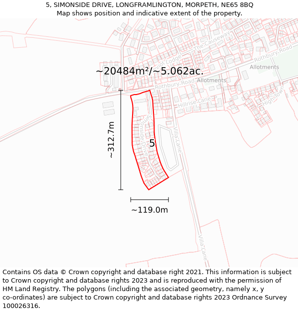 5, SIMONSIDE DRIVE, LONGFRAMLINGTON, MORPETH, NE65 8BQ: Plot and title map