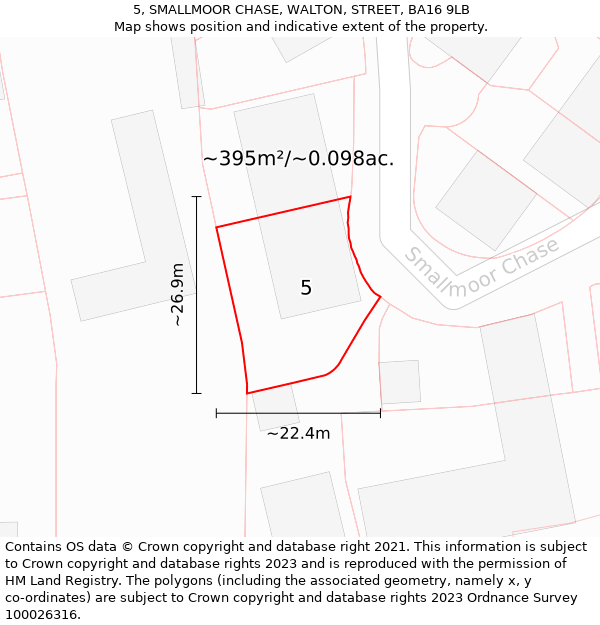 5, SMALLMOOR CHASE, WALTON, STREET, BA16 9LB: Plot and title map