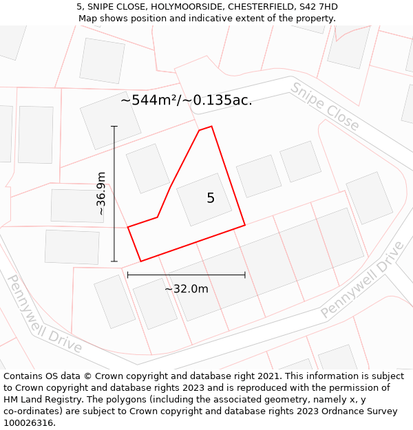 5, SNIPE CLOSE, HOLYMOORSIDE, CHESTERFIELD, S42 7HD: Plot and title map