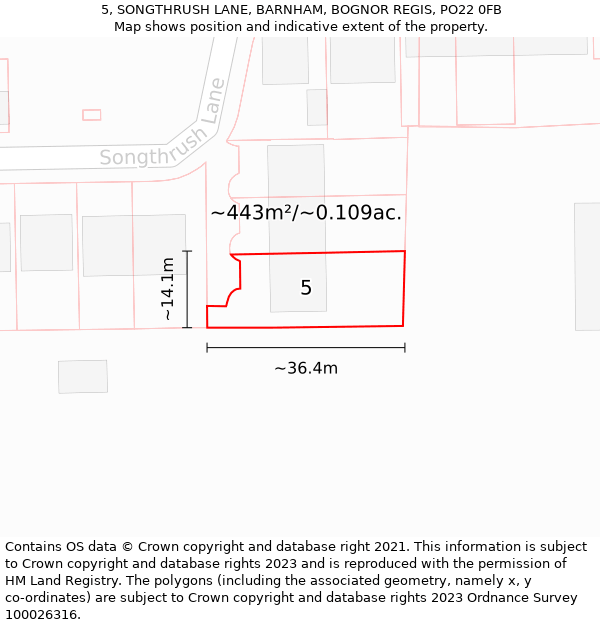 5, SONGTHRUSH LANE, BARNHAM, BOGNOR REGIS, PO22 0FB: Plot and title map