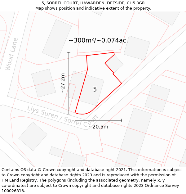 5, SORREL COURT, HAWARDEN, DEESIDE, CH5 3GR: Plot and title map