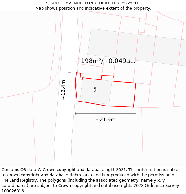 5, SOUTH AVENUE, LUND, DRIFFIELD, YO25 9TL: Plot and title map