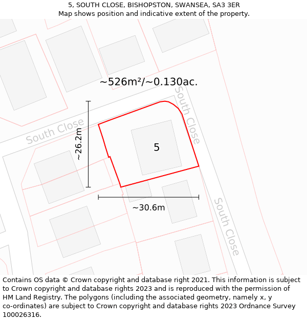 5, SOUTH CLOSE, BISHOPSTON, SWANSEA, SA3 3ER: Plot and title map