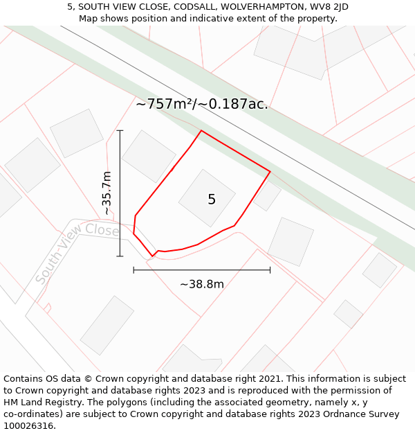 5, SOUTH VIEW CLOSE, CODSALL, WOLVERHAMPTON, WV8 2JD: Plot and title map
