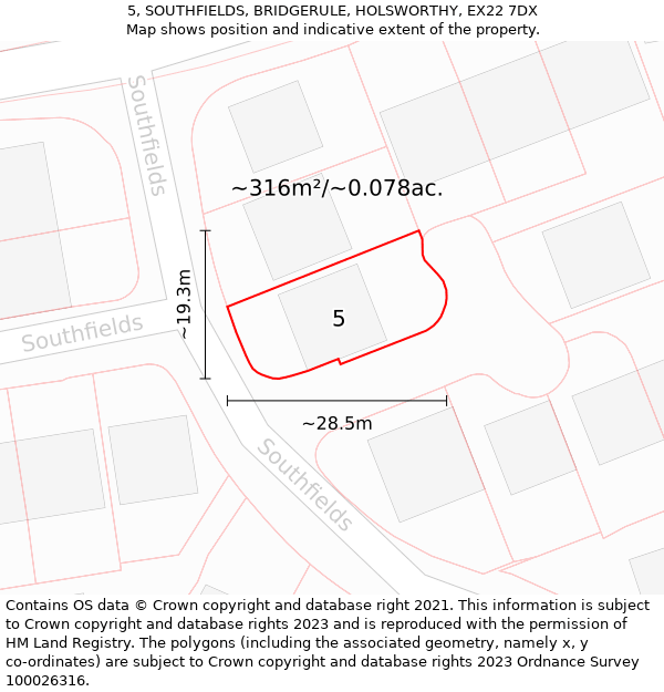 5, SOUTHFIELDS, BRIDGERULE, HOLSWORTHY, EX22 7DX: Plot and title map