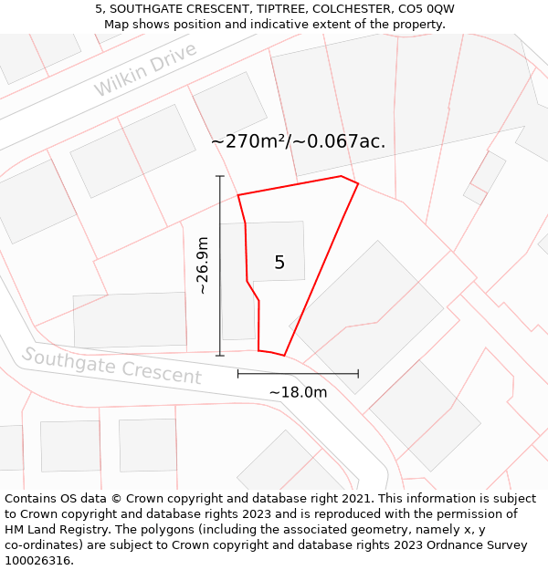 5, SOUTHGATE CRESCENT, TIPTREE, COLCHESTER, CO5 0QW: Plot and title map