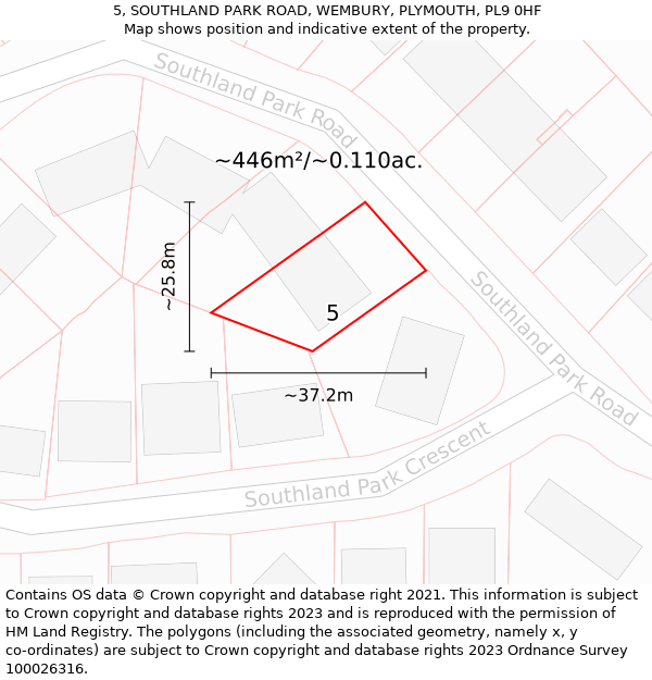5, SOUTHLAND PARK ROAD, WEMBURY, PLYMOUTH, PL9 0HF: Plot and title map