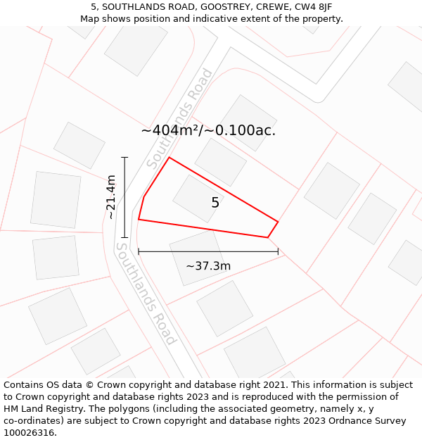 5, SOUTHLANDS ROAD, GOOSTREY, CREWE, CW4 8JF: Plot and title map