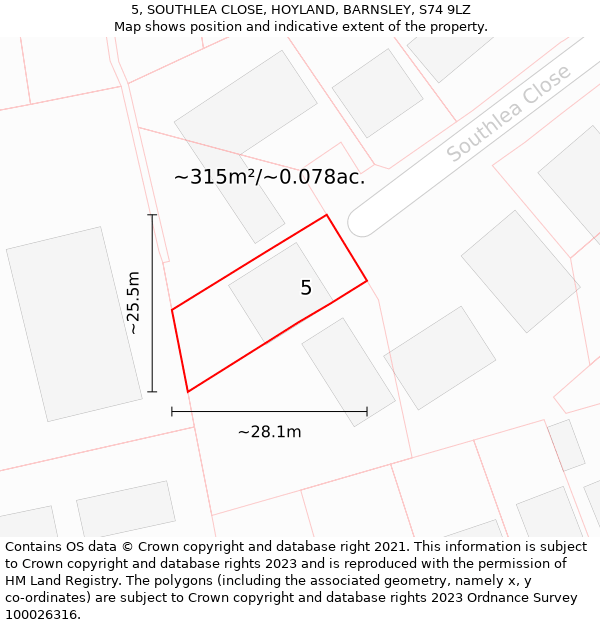 5, SOUTHLEA CLOSE, HOYLAND, BARNSLEY, S74 9LZ: Plot and title map