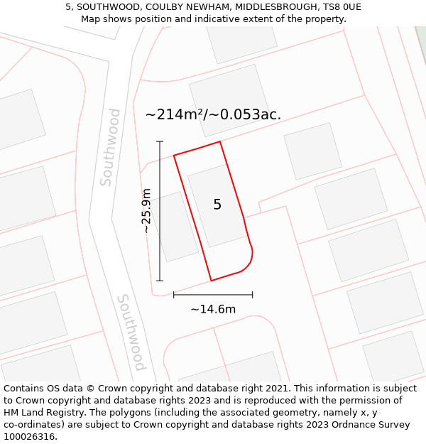 5, SOUTHWOOD, COULBY NEWHAM, MIDDLESBROUGH, TS8 0UE: Plot and title map