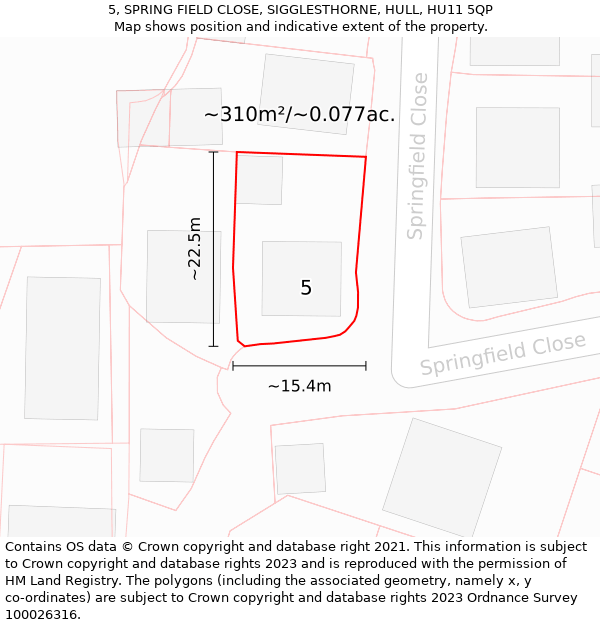 5, SPRING FIELD CLOSE, SIGGLESTHORNE, HULL, HU11 5QP: Plot and title map