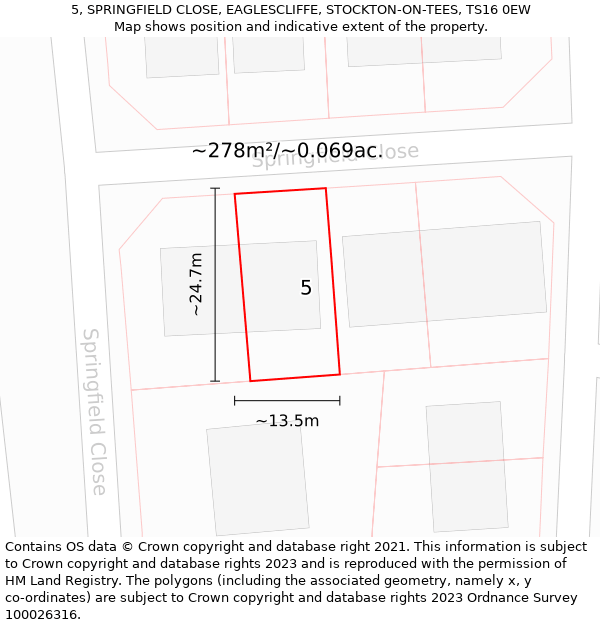 5, SPRINGFIELD CLOSE, EAGLESCLIFFE, STOCKTON-ON-TEES, TS16 0EW: Plot and title map