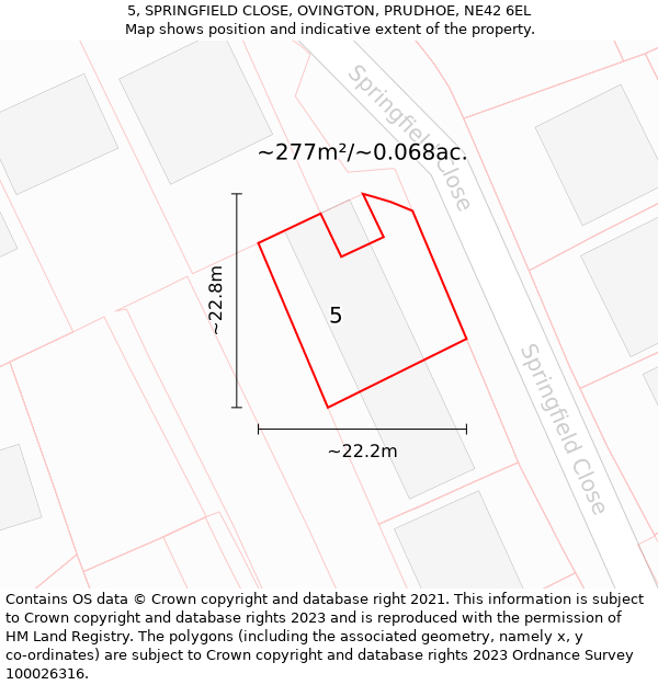 5, SPRINGFIELD CLOSE, OVINGTON, PRUDHOE, NE42 6EL: Plot and title map