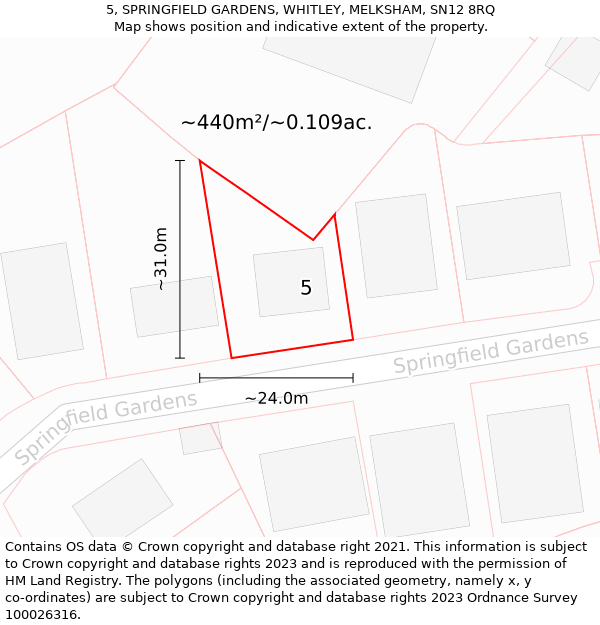 5, SPRINGFIELD GARDENS, WHITLEY, MELKSHAM, SN12 8RQ: Plot and title map