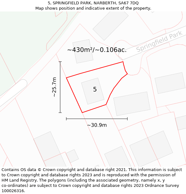 5, SPRINGFIELD PARK, NARBERTH, SA67 7DQ: Plot and title map