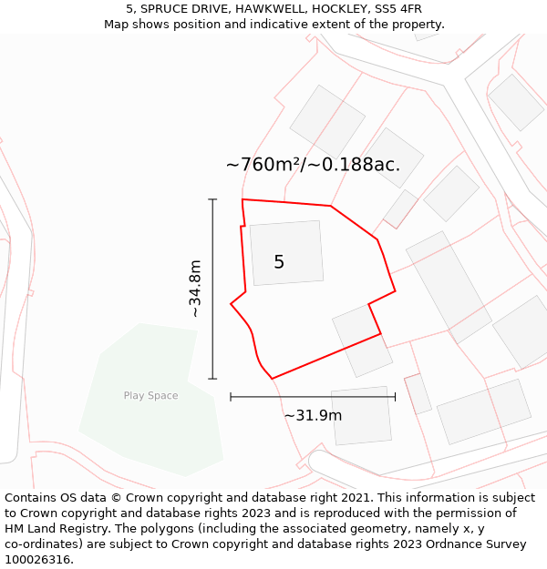 5, SPRUCE DRIVE, HAWKWELL, HOCKLEY, SS5 4FR: Plot and title map