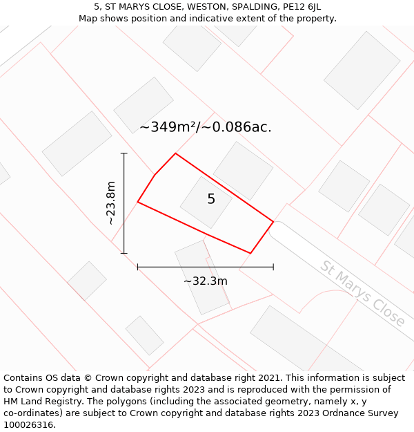 5, ST MARYS CLOSE, WESTON, SPALDING, PE12 6JL: Plot and title map