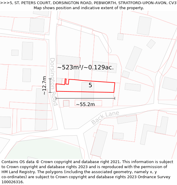 5, ST. PETERS COURT, DORSINGTON ROAD, PEBWORTH, STRATFORD-UPON-AVON, CV37 8UL: Plot and title map