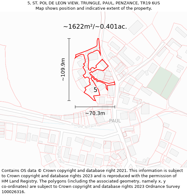 5, ST. POL DE LEON VIEW, TRUNGLE, PAUL, PENZANCE, TR19 6US: Plot and title map