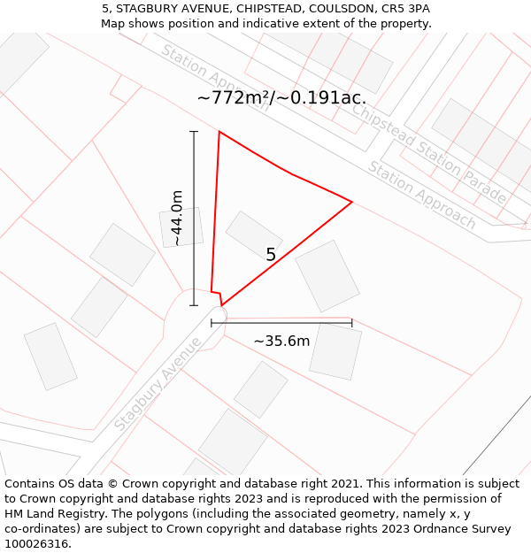 5, STAGBURY AVENUE, CHIPSTEAD, COULSDON, CR5 3PA: Plot and title map