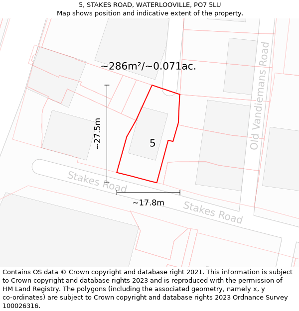 5, STAKES ROAD, WATERLOOVILLE, PO7 5LU: Plot and title map