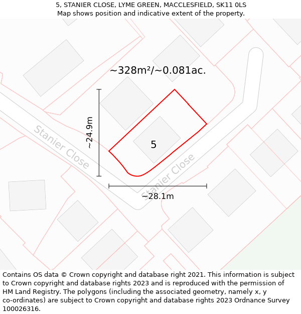 5, STANIER CLOSE, LYME GREEN, MACCLESFIELD, SK11 0LS: Plot and title map