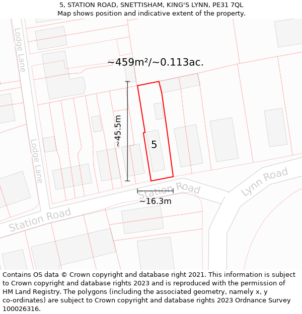 5, STATION ROAD, SNETTISHAM, KING'S LYNN, PE31 7QL: Plot and title map