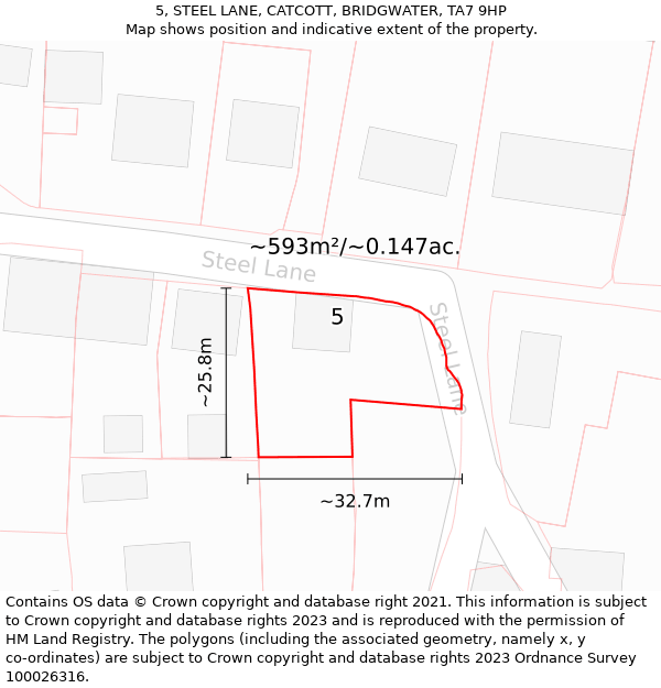 5, STEEL LANE, CATCOTT, BRIDGWATER, TA7 9HP: Plot and title map