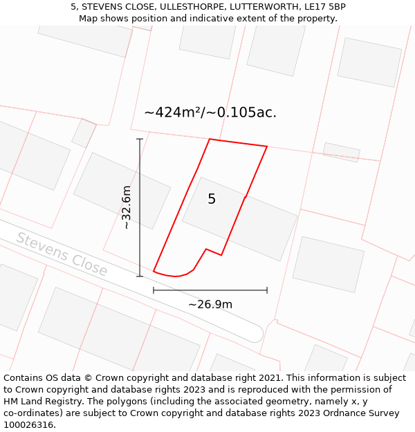 5, STEVENS CLOSE, ULLESTHORPE, LUTTERWORTH, LE17 5BP: Plot and title map