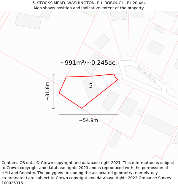 5, STOCKS MEAD, WASHINGTON, PULBOROUGH, RH20 4AU: Plot and title map