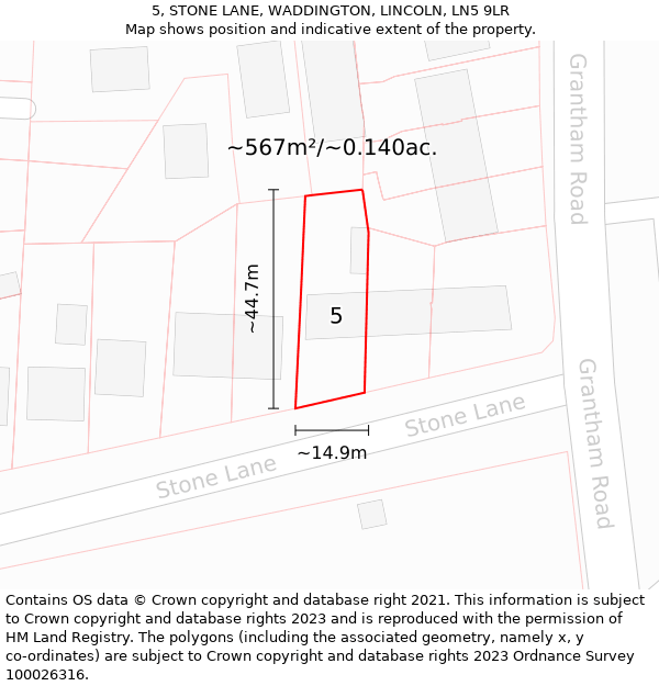 5, STONE LANE, WADDINGTON, LINCOLN, LN5 9LR: Plot and title map