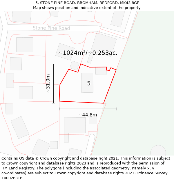 5, STONE PINE ROAD, BROMHAM, BEDFORD, MK43 8GF: Plot and title map