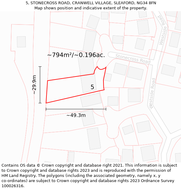 5, STONECROSS ROAD, CRANWELL VILLAGE, SLEAFORD, NG34 8FN: Plot and title map