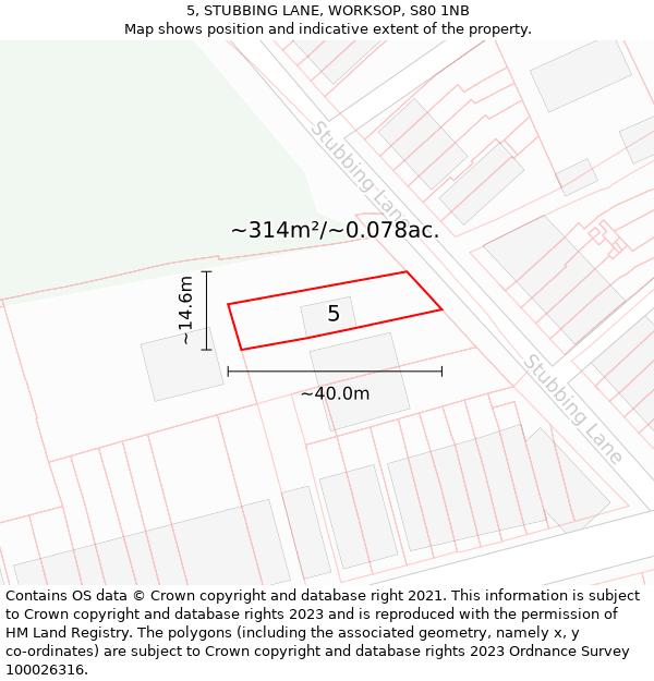 5, STUBBING LANE, WORKSOP, S80 1NB: Plot and title map