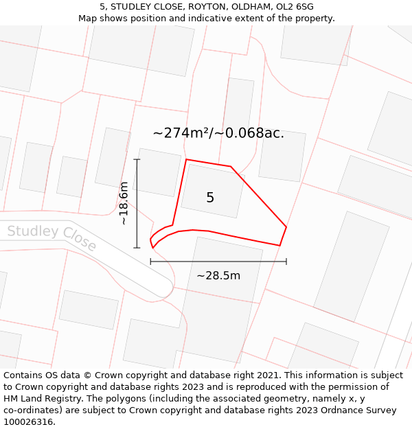 5, STUDLEY CLOSE, ROYTON, OLDHAM, OL2 6SG: Plot and title map