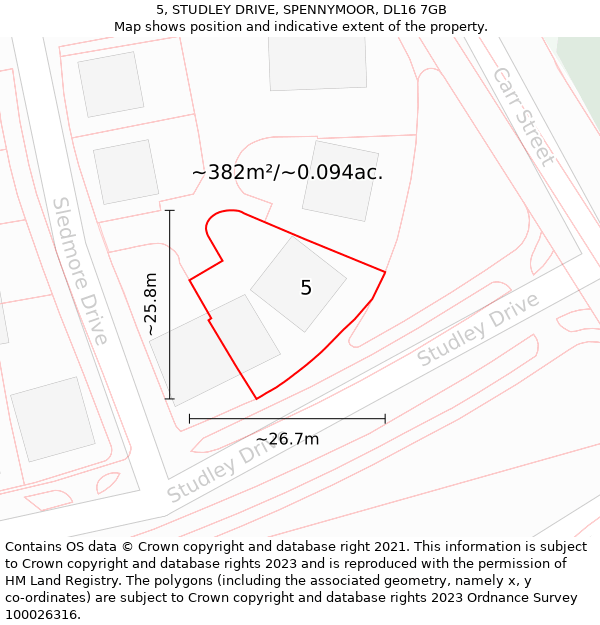 5, STUDLEY DRIVE, SPENNYMOOR, DL16 7GB: Plot and title map