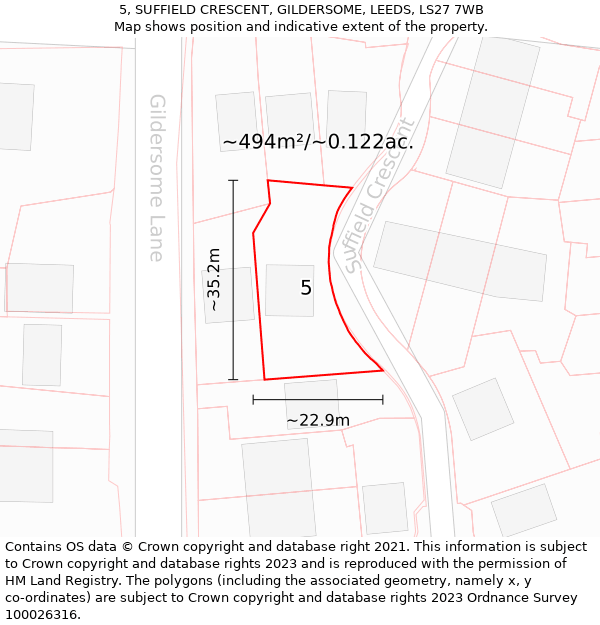 5, SUFFIELD CRESCENT, GILDERSOME, LEEDS, LS27 7WB: Plot and title map