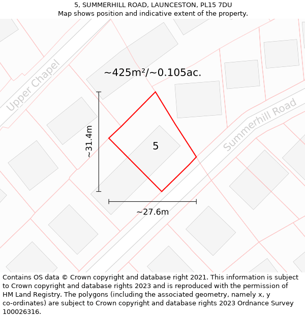 5, SUMMERHILL ROAD, LAUNCESTON, PL15 7DU: Plot and title map