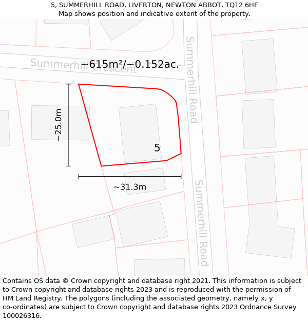 5, SUMMERHILL ROAD, LIVERTON, NEWTON ABBOT, TQ12 6HF: Plot and title map