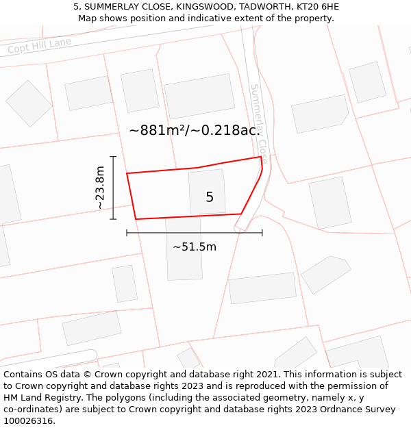 5, SUMMERLAY CLOSE, KINGSWOOD, TADWORTH, KT20 6HE: Plot and title map