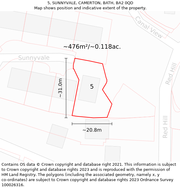 5, SUNNYVALE, CAMERTON, BATH, BA2 0QD: Plot and title map