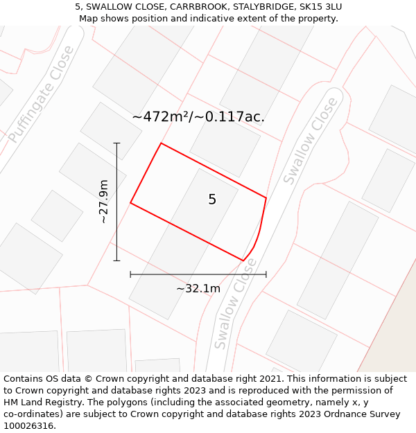 5, SWALLOW CLOSE, CARRBROOK, STALYBRIDGE, SK15 3LU: Plot and title map