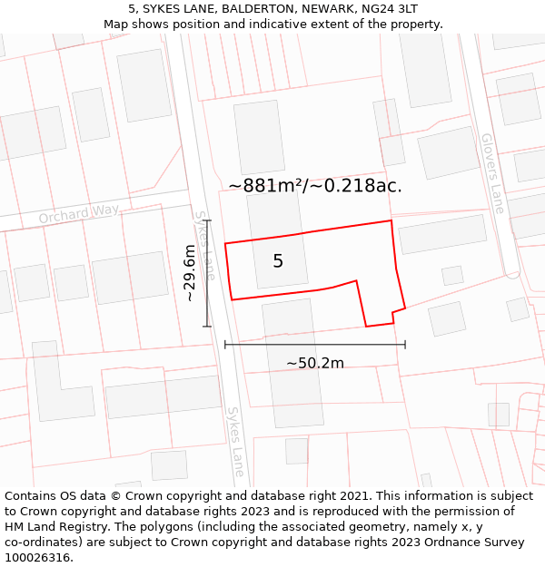 5, SYKES LANE, BALDERTON, NEWARK, NG24 3LT: Plot and title map