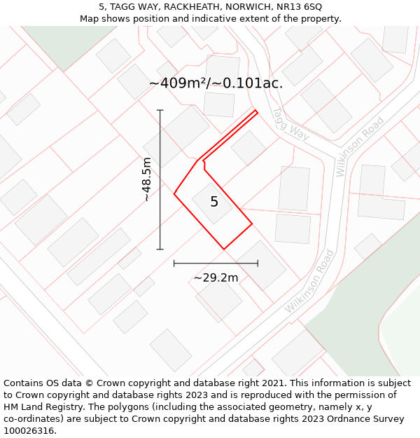 5, TAGG WAY, RACKHEATH, NORWICH, NR13 6SQ: Plot and title map